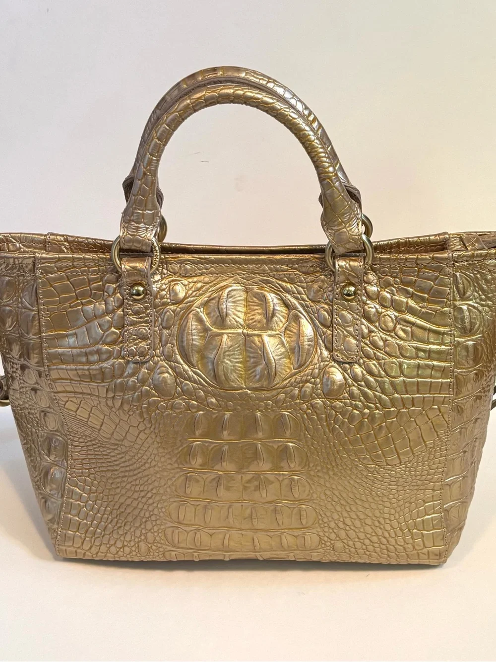 Rare New Brahmin Croc Mini Arno Fizz Glossy Gold Tan NWT